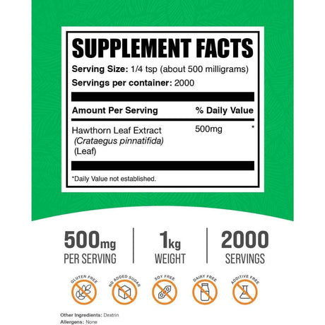 Tabla nutricional del suplemento BulkSupplements.com Extracto de Hoja de Espino en polvo 1000g
