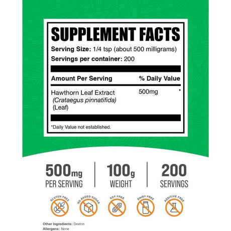Tabla nutricional del suplemento BulkSupplements.com Extracto de Hoja de Espino en polvo 100g