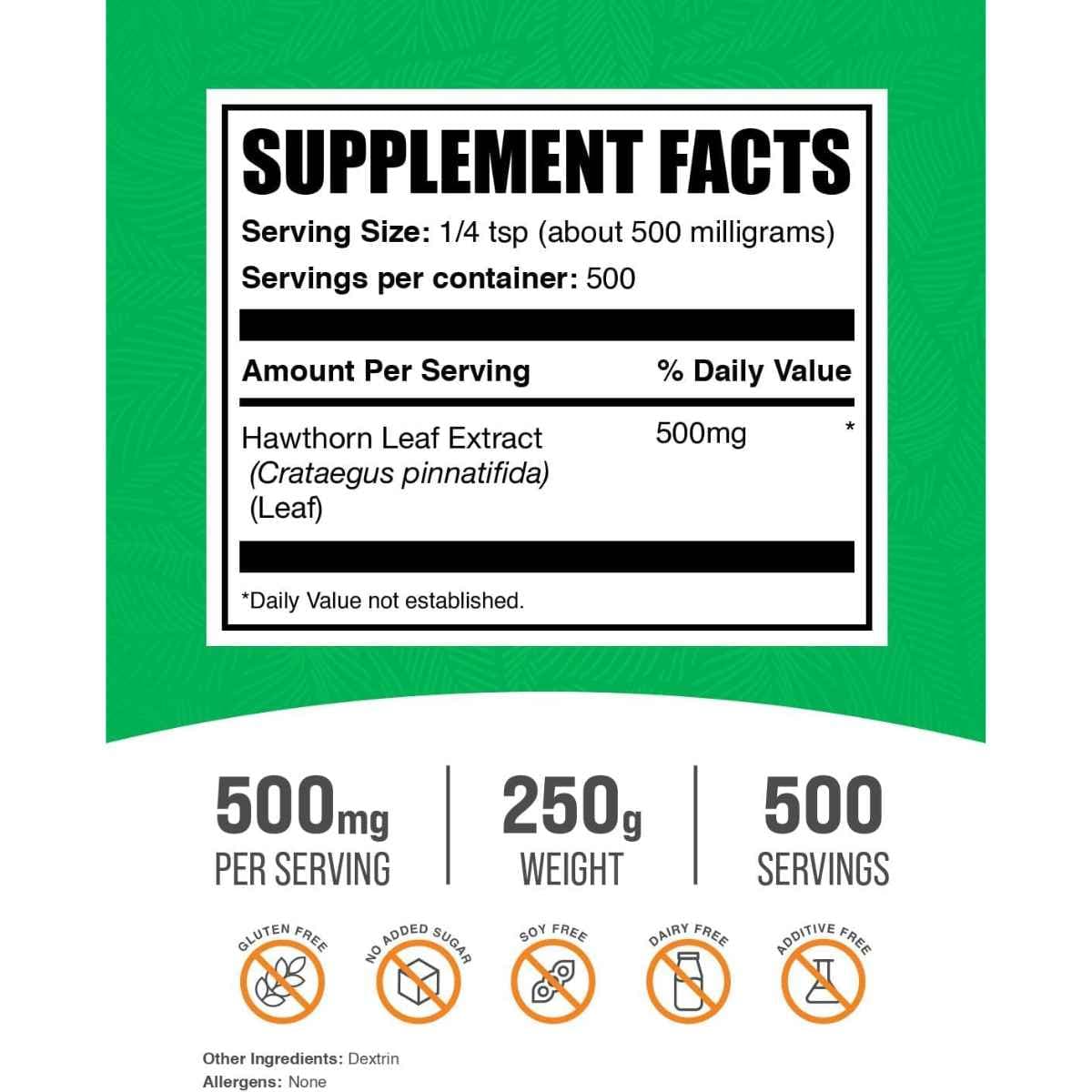 Tabla nutricional del suplemento BulkSupplements.com Extracto de Hoja de Espino en polvo 250g