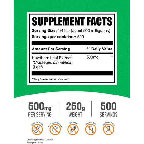 Tabla nutricional del suplemento BulkSupplements.com Extracto de Hoja de Espino en polvo 250g