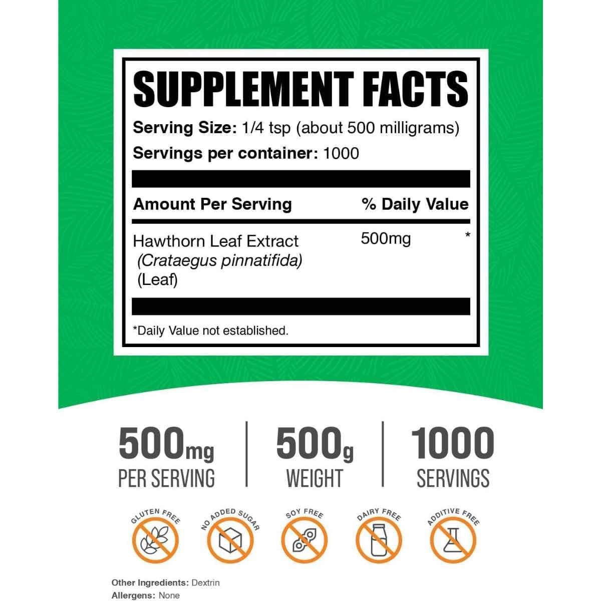Tabla nutricional del suplemento BulkSupplements.com Extracto de Hoja de Espino en polvo 500g