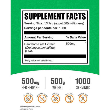 Tabla nutricional del suplemento BulkSupplements.com Extracto de Hoja de Espino en polvo 500g
