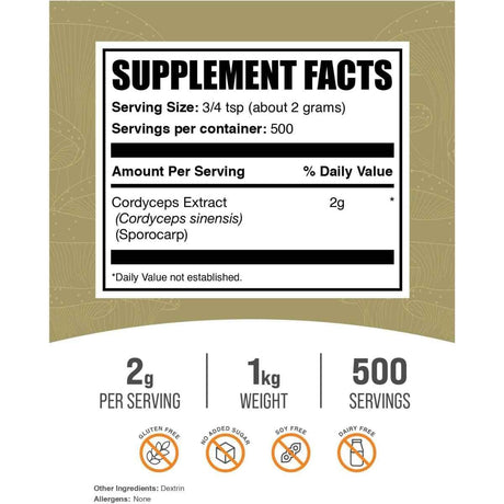 Tabla nutricional del suplemento BulkSupplements.com Extracto de Hongo Cordyceps 1000 g