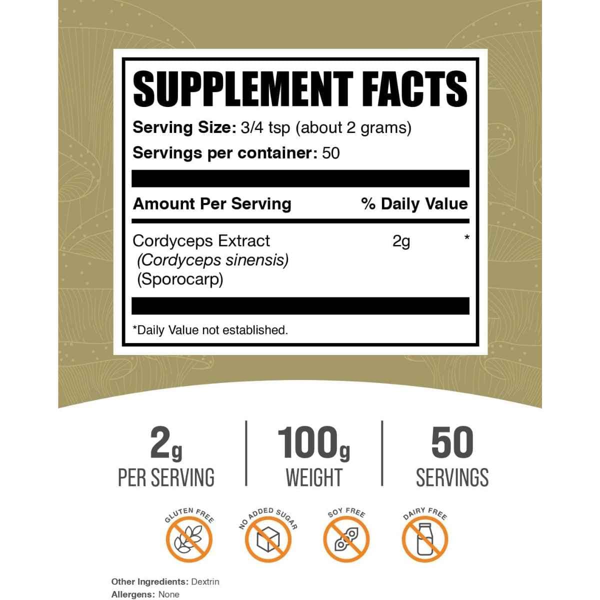 Tabla nutricional del suplemento BulkSupplements.com Extracto de Hongo Cordyceps 100 g