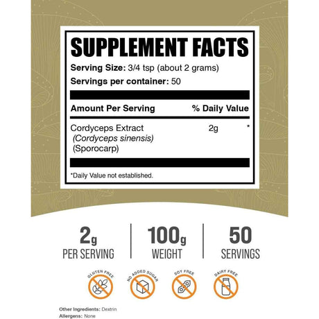 Tabla nutricional del suplemento BulkSupplements.com Extracto de Hongo Cordyceps 100 g