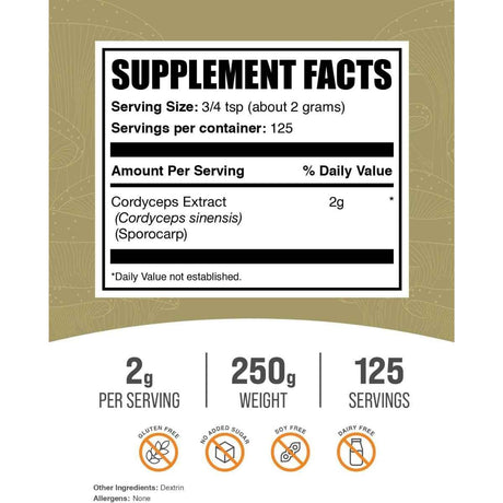 Tabla nutricional del suplemento BulkSupplements.com Extracto de Hongo Cordyceps 250 g