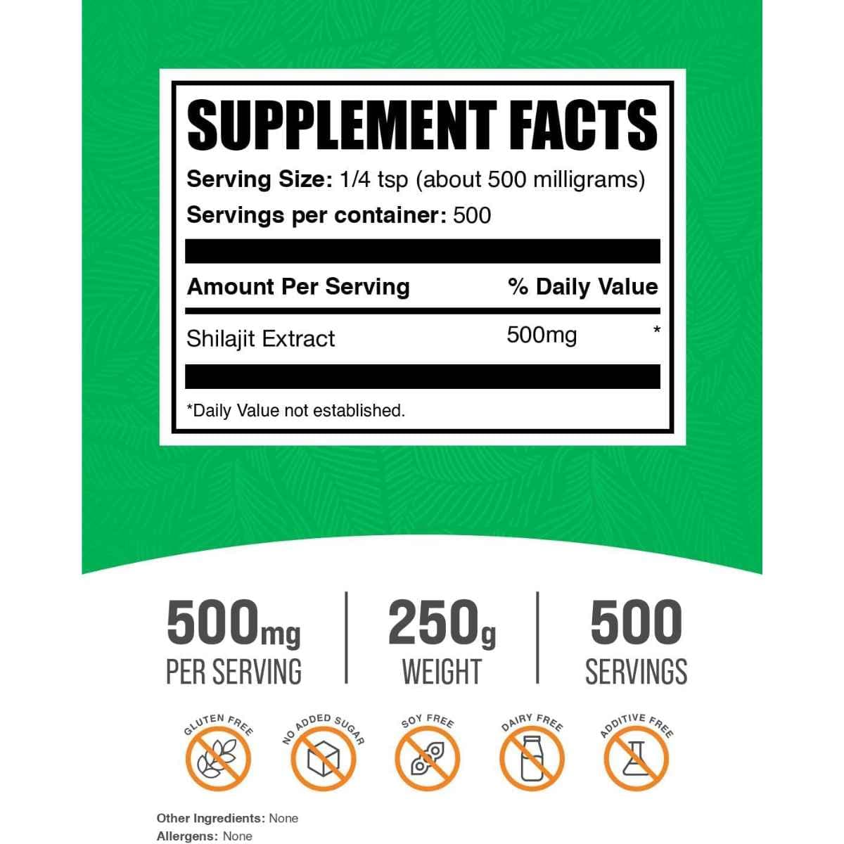 Tabla nutricional del suplemento BulkSupplements Extracto de Shilajit 250g Polvo