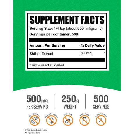 Tabla nutricional del suplemento BulkSupplements Extracto de Shilajit 250g Polvo