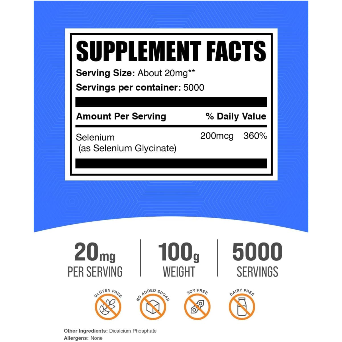 Tabla nutricional del suplemento BulkSupplements Glicinato de Selenio 100 g