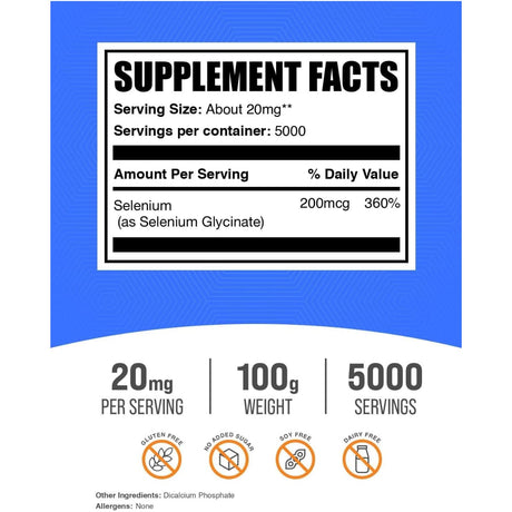 Tabla nutricional del suplemento BulkSupplements Glicinato de Selenio 100 g
