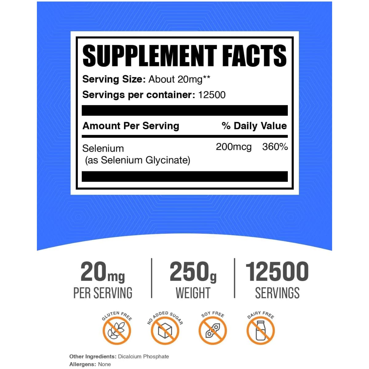 Tabla nutricional del suplemento BulkSupplements Glicinato de Selenio 250 g