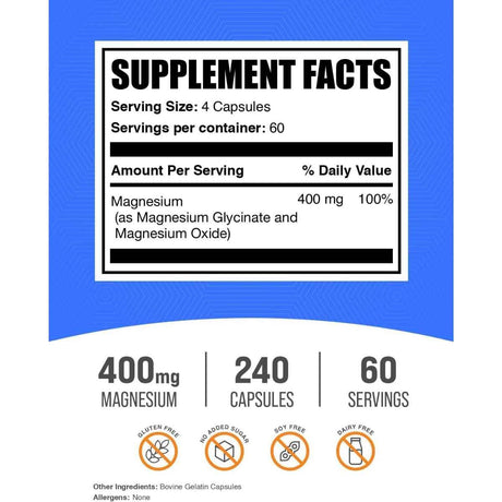Tabla nutricional del suplemento BulkSupplements.com Glicinato de Magnesio 400 mg 240 Cápsulas