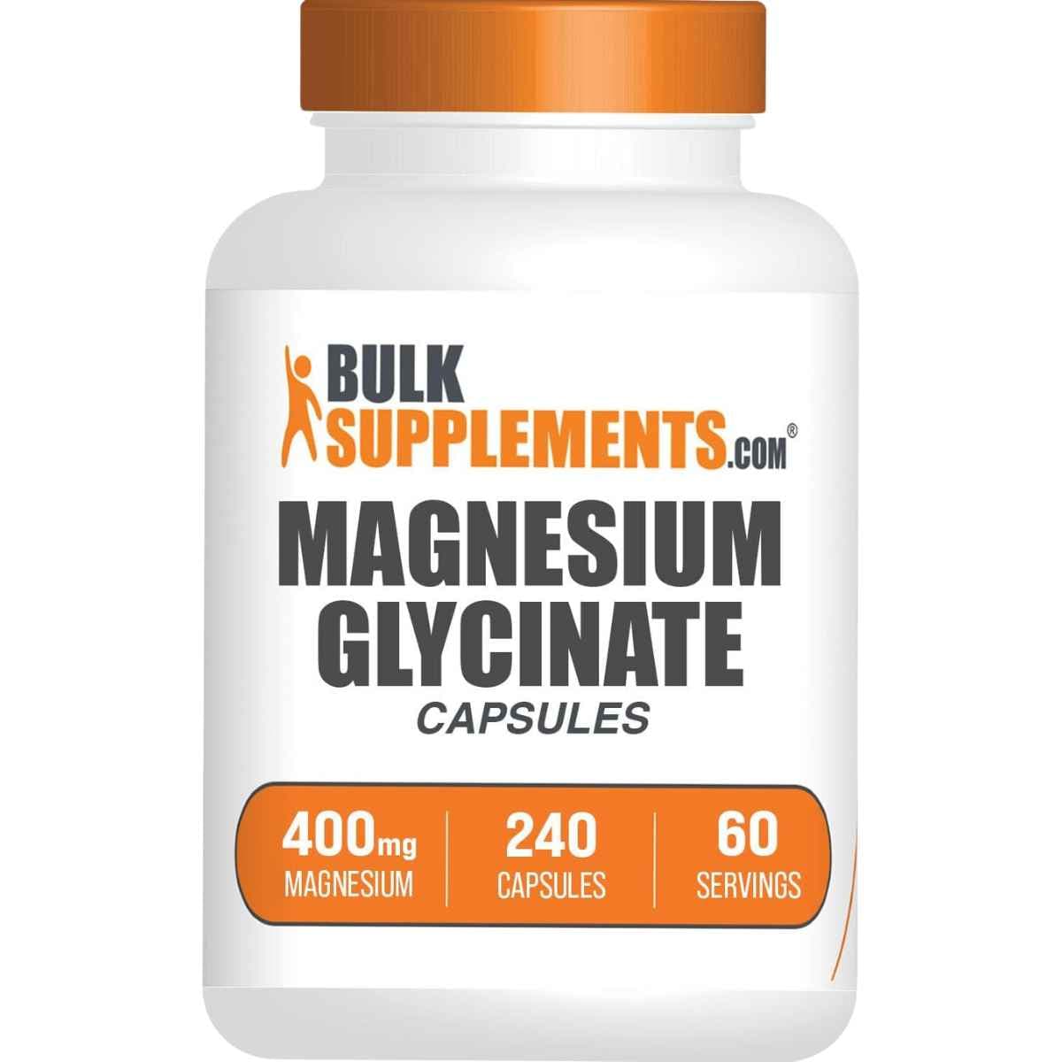 Frasco de suplemento BulkSupplements.com Glicinato de Magnesio 400 mg 240 Cápsulas