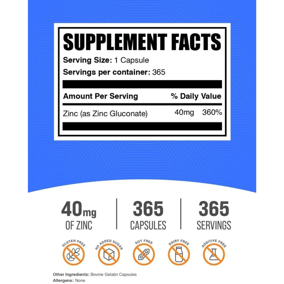 Tabla nutricional del suplemento BulkSupplements Gluconato de Zinc 40 mg 365 cápsulas