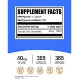 Tabla nutricional del suplemento BulkSupplements Gluconato de Zinc 40 mg 365 cápsulas