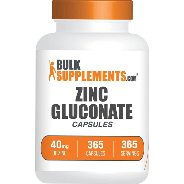 Frasco de suplemento BulkSupplements Gluconato de Zinc 40 mg 365 cápsulas