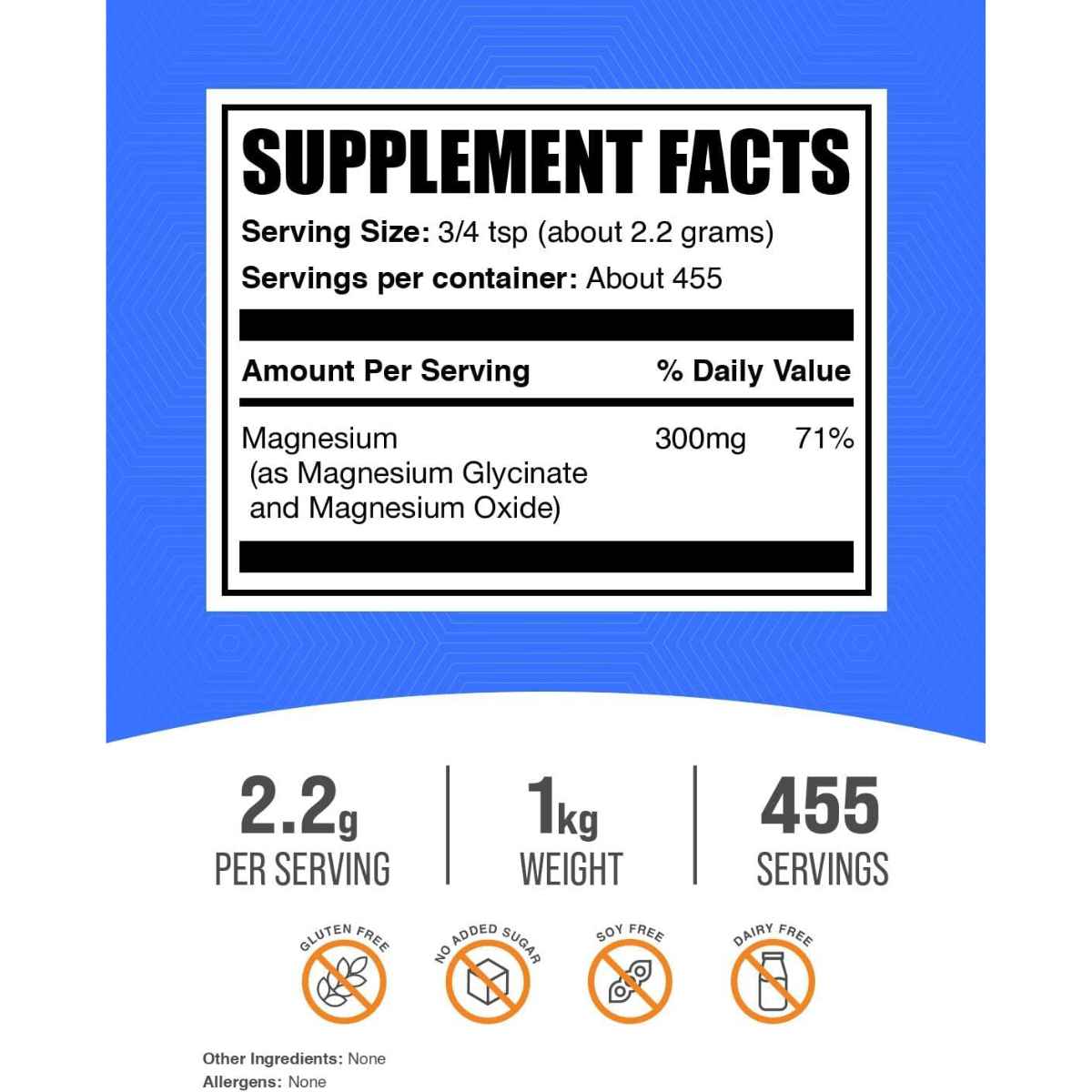 Información del suplemento de BulkSupplements magnesio en polvo 1 kg