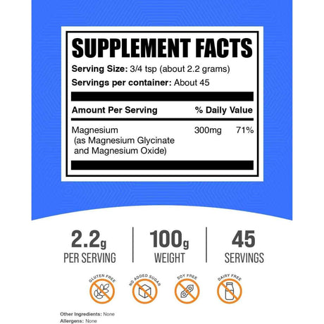 Información del suplemento de BulkSupplements magnesio en polvo 100 g