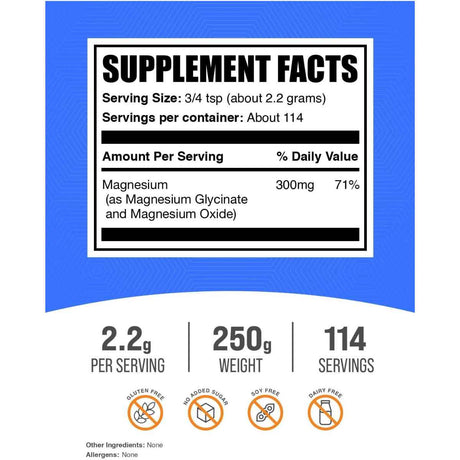 Información del suplemento de BulkSupplements magnesio en polvo 250 g