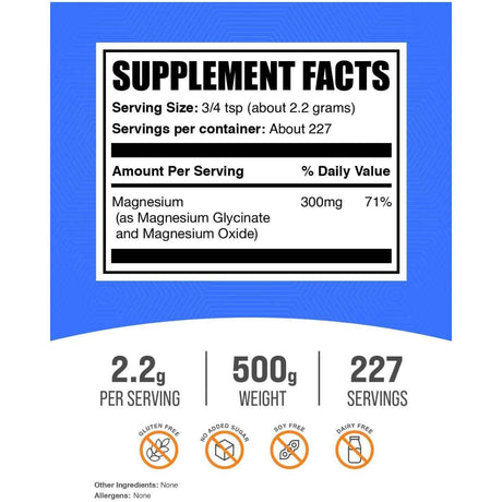 Información del suplemento de BulkSupplements magnesio en polvo 500 g