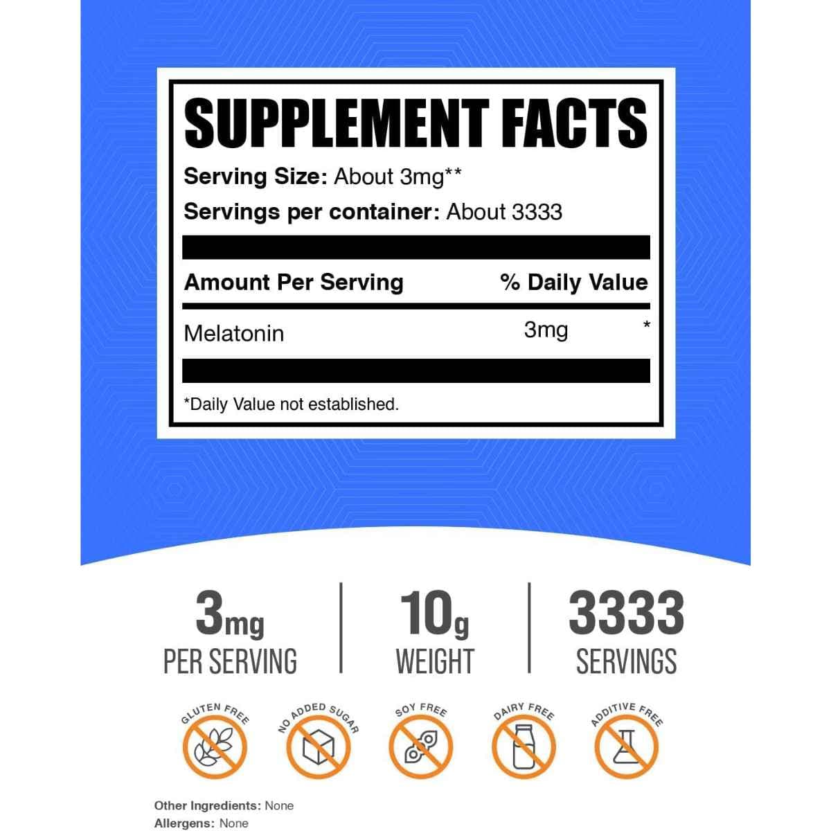Tabla nutricional del suplemento BulkSupplements Melatonina en polvo 10