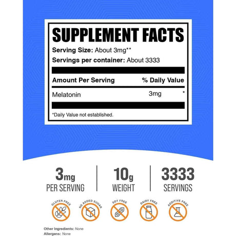 Tabla nutricional del suplemento BulkSupplements Melatonina en polvo 10
