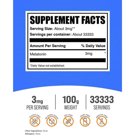 Tabla nutricional del suplemento BulkSupplements Melatonina en polvo 100 g