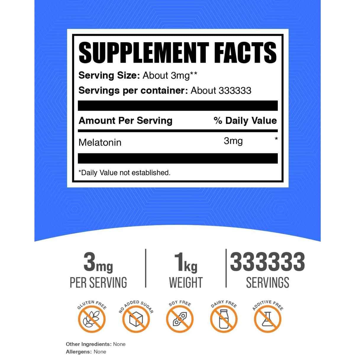 Tabla nutricional del suplemento BulkSupplements Melatonina en polvo 1000 g (1 kg)