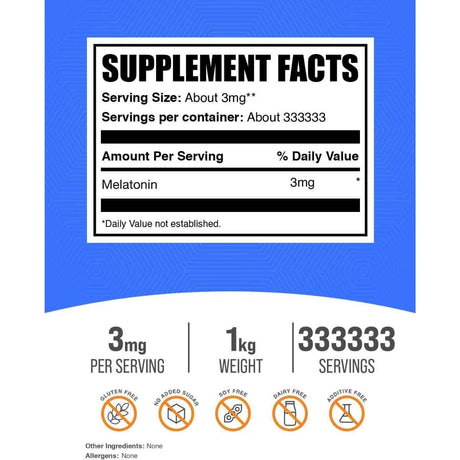 Tabla nutricional del suplemento BulkSupplements Melatonina en polvo 1000 g (1 kg)