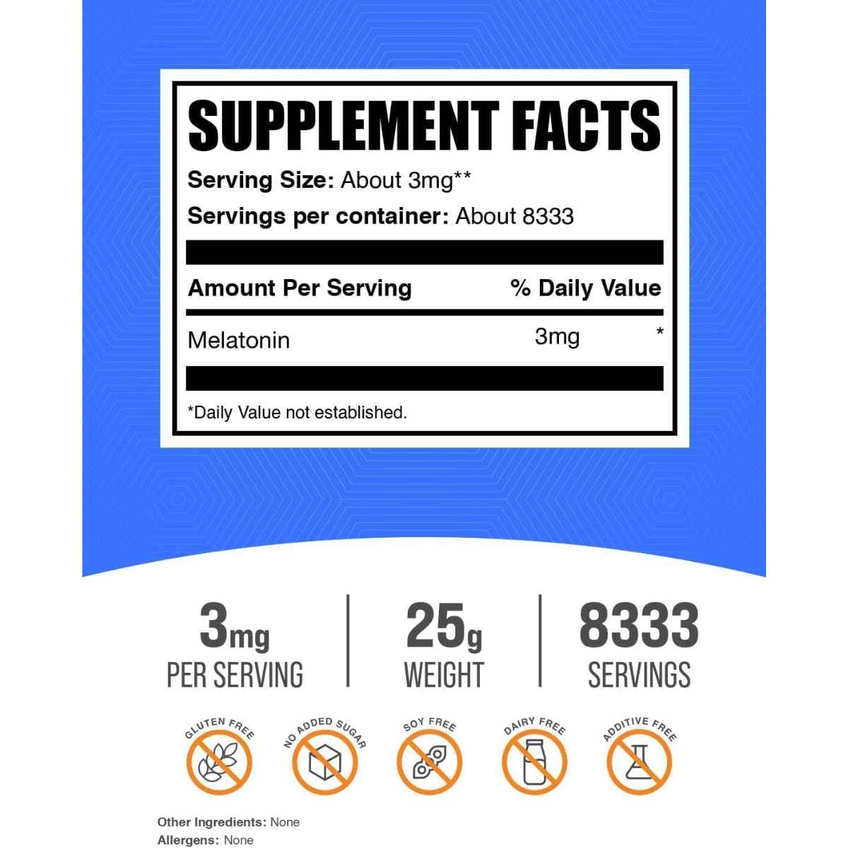 Tabla nutricional del suplemento BulkSupplements Melatonina en polvo 25 g