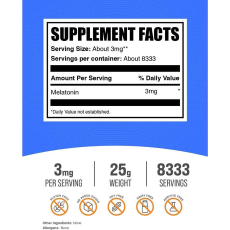 Tabla nutricional del suplemento BulkSupplements Melatonina en polvo 25 g
