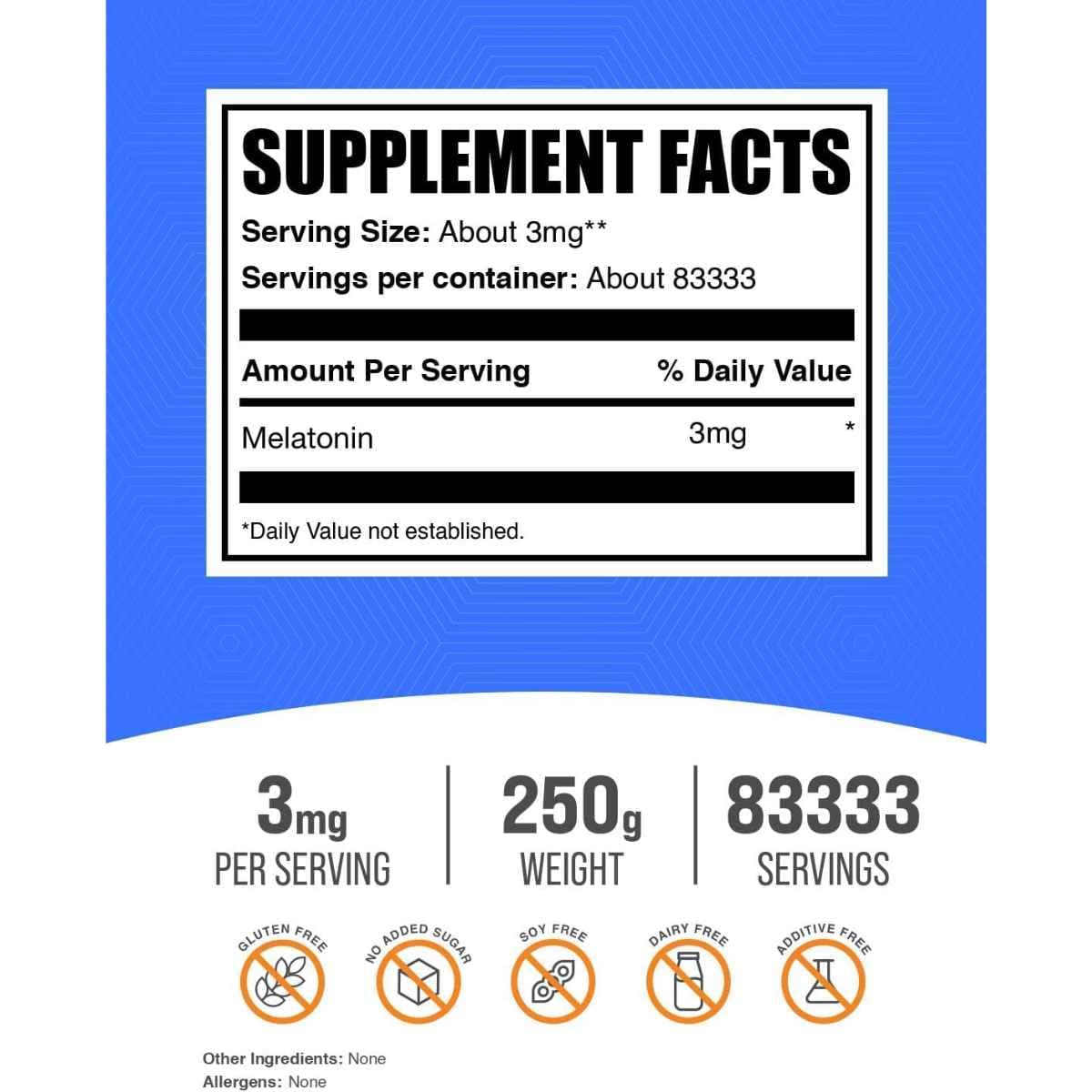 Tabla nutricional del suplemento BulkSupplements Melatonina en polvo 250 g