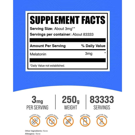 Tabla nutricional del suplemento BulkSupplements Melatonina en polvo 250 g