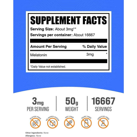Tabla nutricional del suplemento BulkSupplements Melatonina en polvo 50 g
