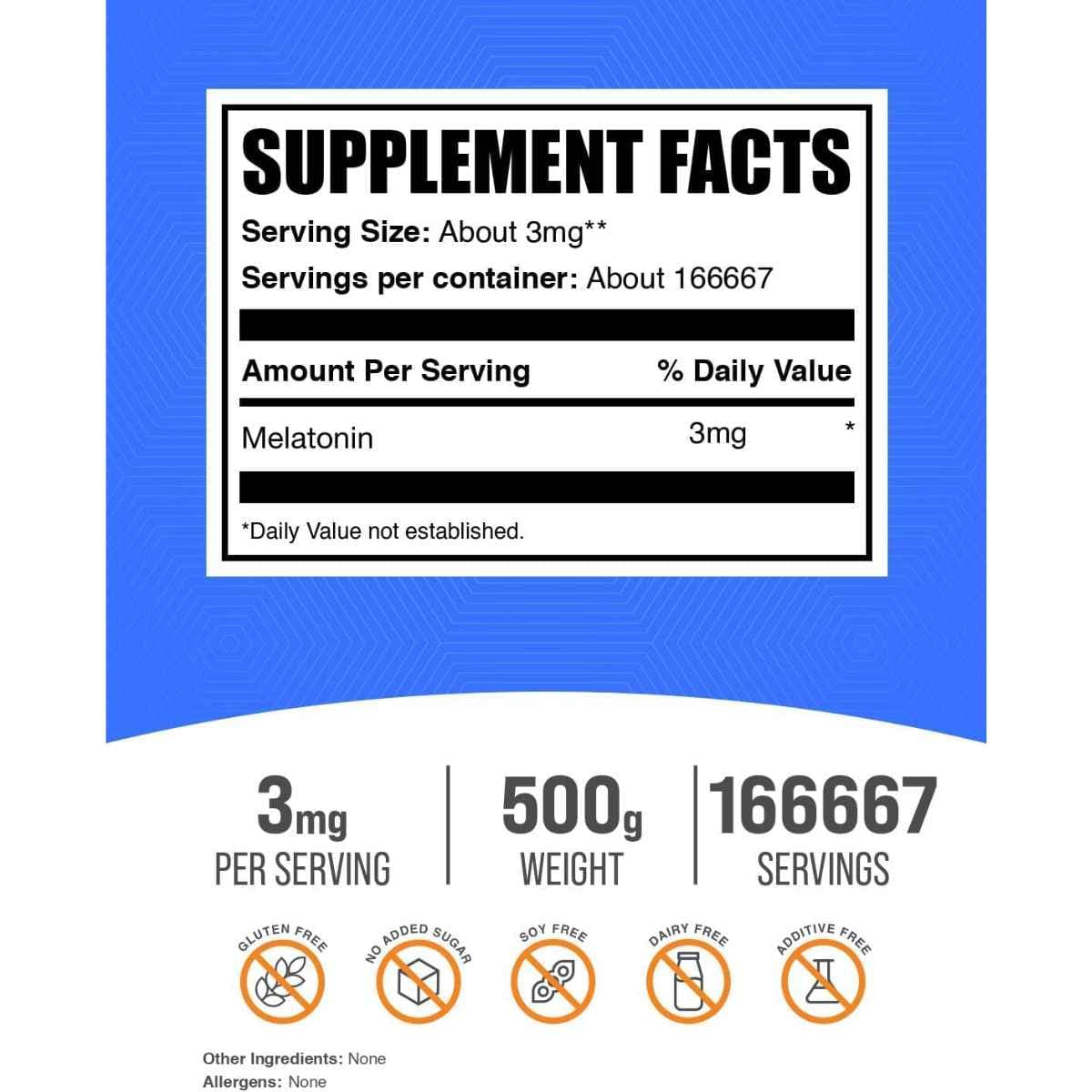 Tabla nutricional del suplemento BulkSupplements Melatonina en polvo 500 g