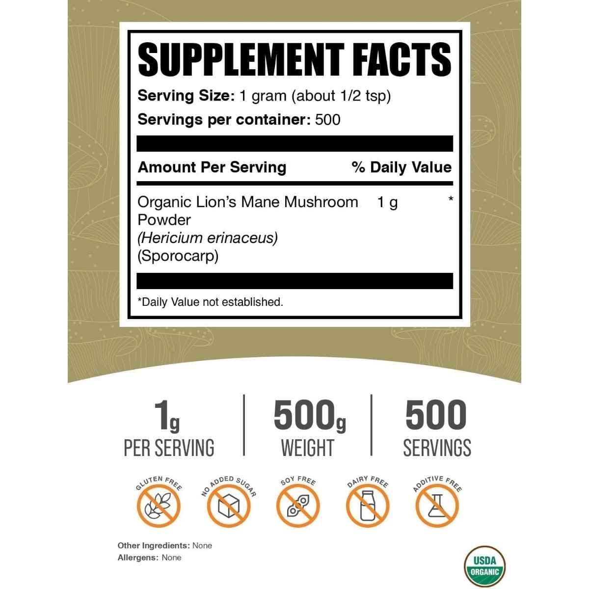 Tabla nutricional del suplemento BulkSupplements.com Melena de León Orgánica 500g polvo