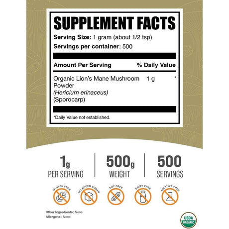 Tabla nutricional del suplemento BulkSupplements.com Melena de León Orgánica 500g polvo