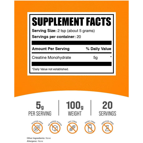 Tabla nutricional del suplemento BulkSupplements Monohidrato de Creatina Micronizado 100g