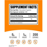 Tabla nutricional del suplemento BulkSupplements Monohidrato de Creatina Micronizado 1kg