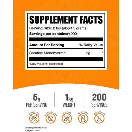 Tabla nutricional del suplemento BulkSupplements Monohidrato de Creatina Micronizado 1kg