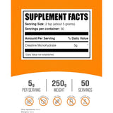 Tabla nutricional del suplemento BulkSupplements Monohidrato de Creatina Micronizado 250g