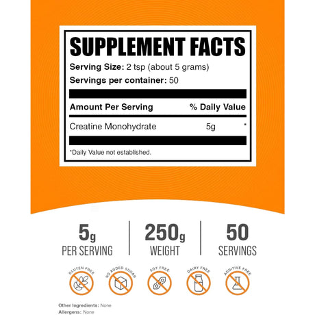 Tabla nutricional del suplemento BulkSupplements Monohidrato de Creatina Micronizado 250g
