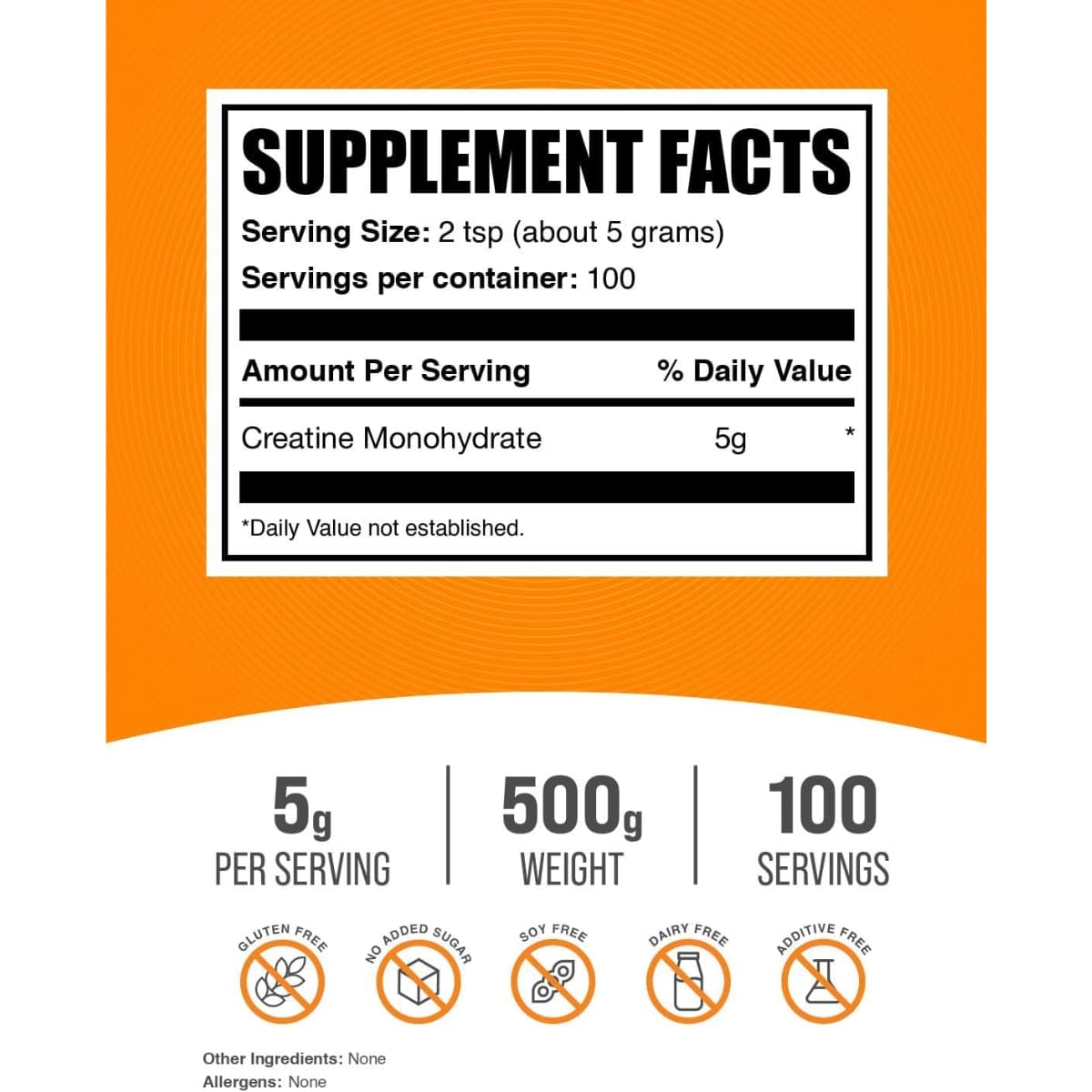 Tabla nutricional del suplemento BulkSupplements Monohidrato de Creatina Micronizado 500g