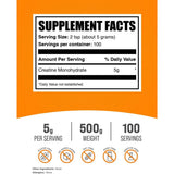 Tabla nutricional del suplemento BulkSupplements Monohidrato de Creatina Micronizado 500g
