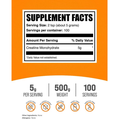 Tabla nutricional del suplemento BulkSupplements Monohidrato de Creatina Micronizado 500g