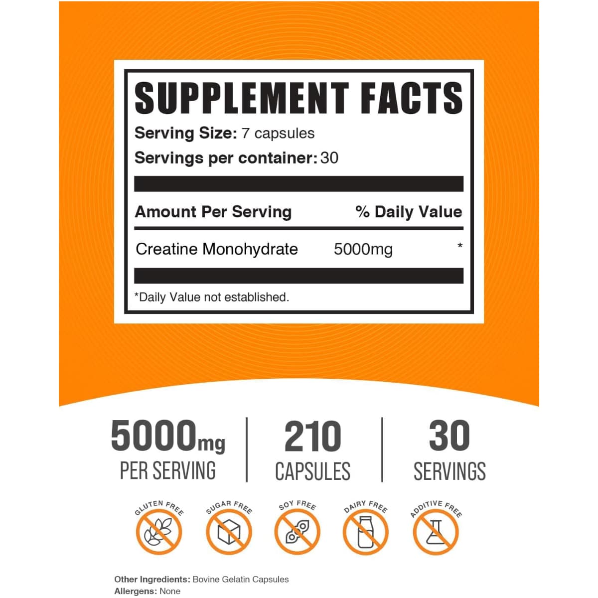Tabla nutricional del suplemento BulkSupplements Monohidrato de Creatina 210 cápsulas