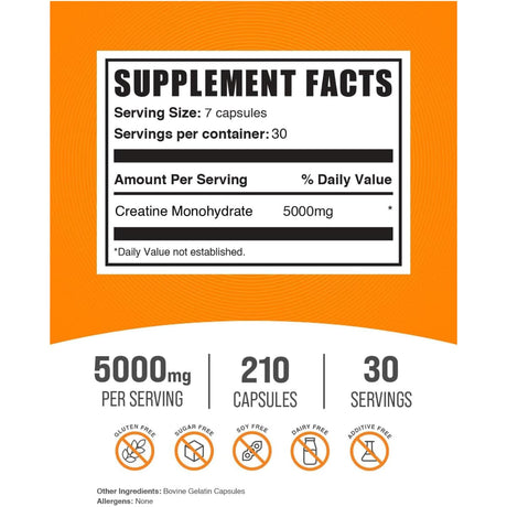 Tabla nutricional del suplemento BulkSupplements Monohidrato de Creatina 210 cápsulas