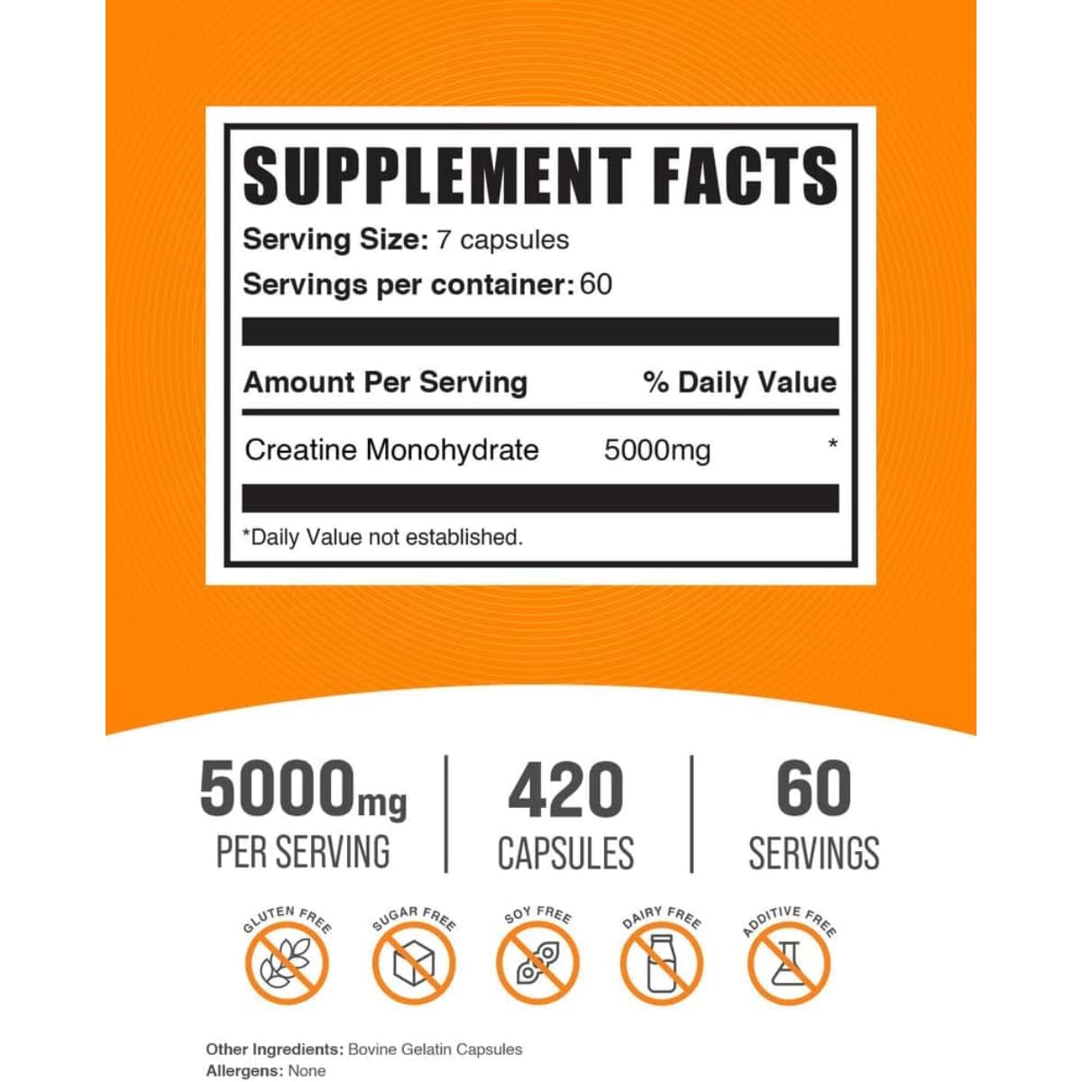 Tabla nutricional del suplemento BulkSupplements Monohidrato de Creatina 420 cápsulas