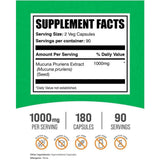 Etiqueta Supplement Facts de BulkSupplements Mucuna Pruriens con información de porción y contenido por cápsulas