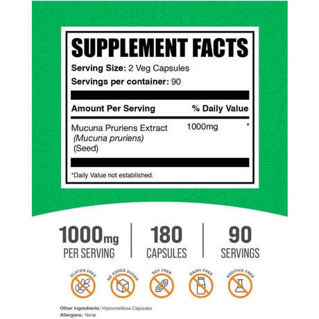 Etiqueta Supplement Facts de BulkSupplements Mucuna Pruriens con información de porción y contenido por cápsulas